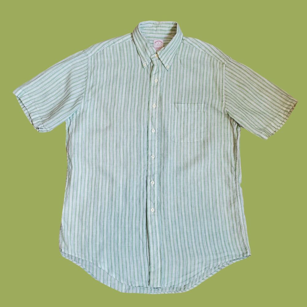 Men's Brooks Brothers Green Linen Striped Button-Down Shirt